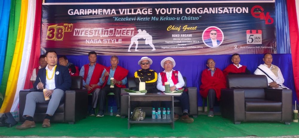 Roko Angami with village and youth leaders during the wrestling meet on January 5